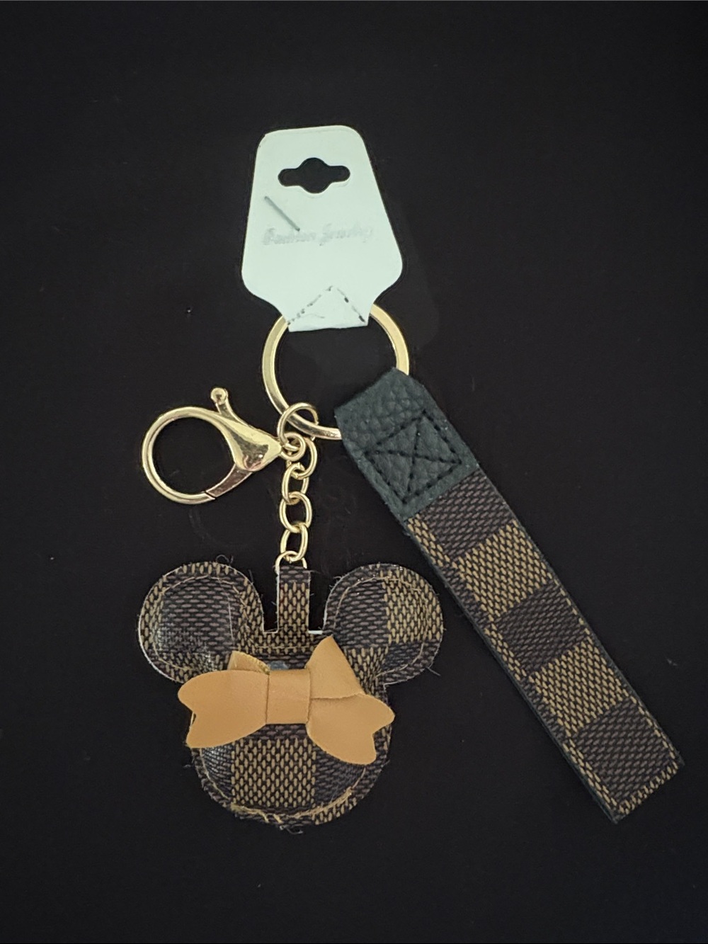 Brown & Tan Fashion Minnie Mouse Keychain Bag Charm with Tan Bow